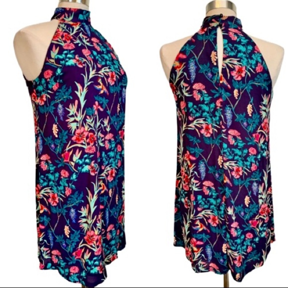 Colorful Halter shift dress Blue Floral Flowy M sleeveless pink blue Summer